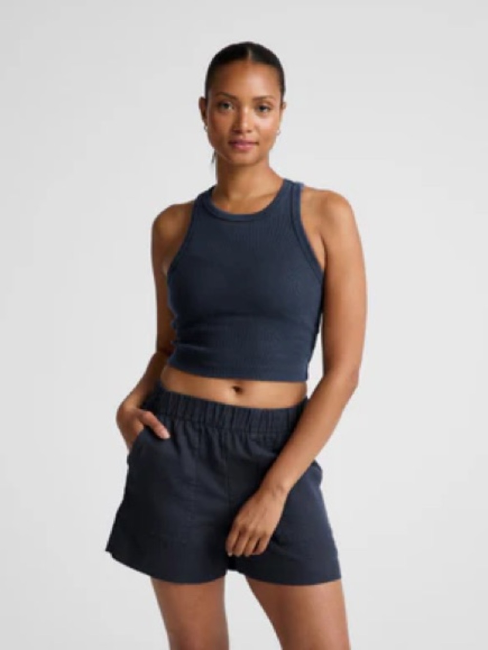 ALO Yoga Navy Strappy Crop Top with High-Waist Shorts